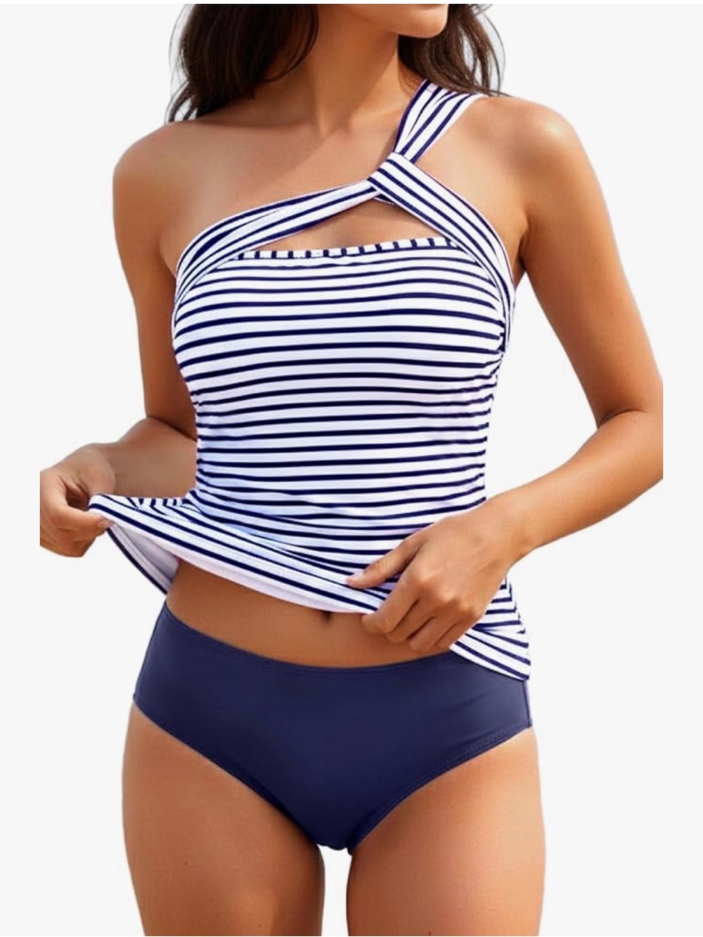 Navy & White Striped One-Shoulder Tankini with Navy Bottoms